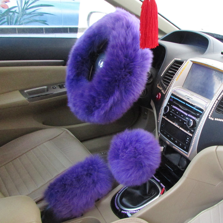 3PCS Purple Genuine Sheepskin Long Fur Steering Wheel Cover Set