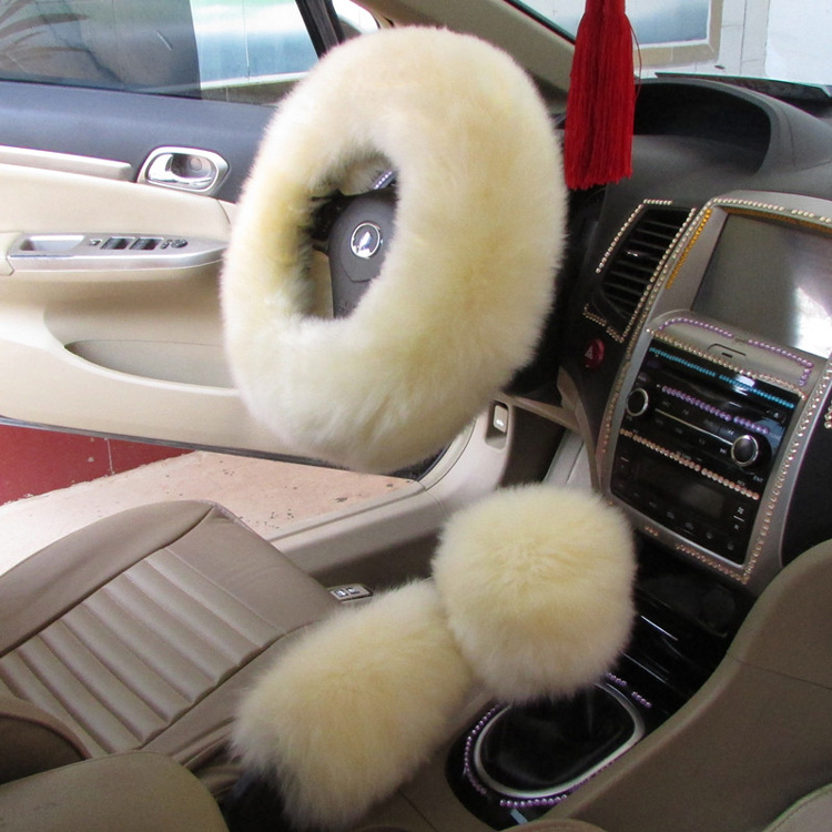 Car Interior Accessories Beige Universal Plush Car Steering Cover Set, Steering Wheel Cover, Gear Cover, Hand Break Cover