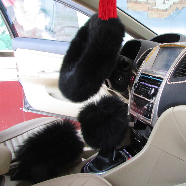 Car Interior Accessories Black Universal Plush Car Steering Cover Set