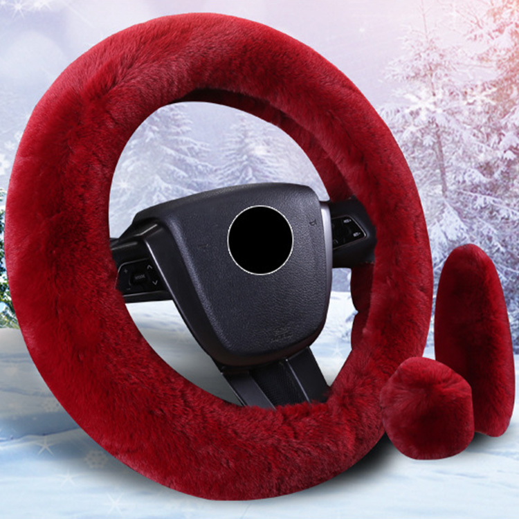 Wine Red Rabbit Fur Steering Wheel Cover